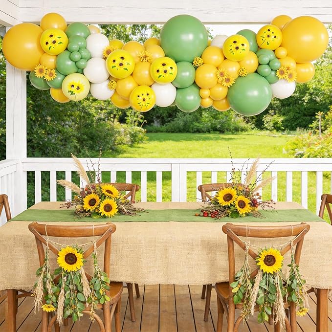 Sunflower Balloon Arch Kit, Yellow Sage Green White Party Balloons Garland with Sunflower Print Balloons for Kids Birthday Baby Shower Sunshine Sunflower Bee Themed Wedding Party Decor