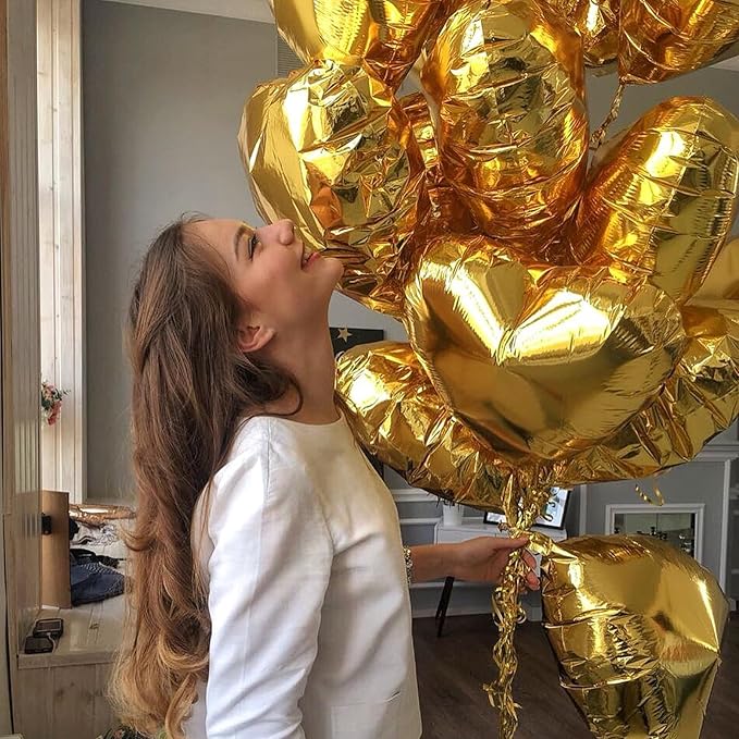 Gold Heart Foil Balloons - 10PCS Heart Shaped Valentines Decorations, 18inch Love Balloons for Helium Wedding, Birthday, Anniversary