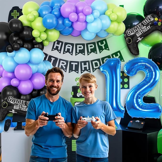 12th Birthday Video Game Balloons Arch, 12th Game Party Balloons Garland Kit 12th Birthday Supplies with Blue Number 12 Foil Balloons for 12 Year Old Teens Boys Birthday Decor