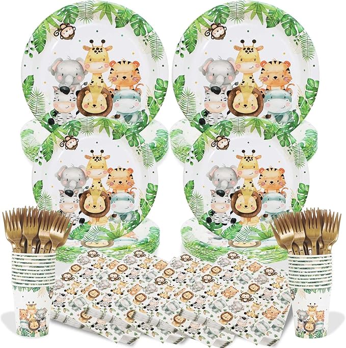 Safari Jungle Baby Shower Plates Set Decorations Wild One Birthday Party Decorations Serves 25,Sage Green Plates Napkins Cups and Forks Animals Theme Disposable Tableware Set