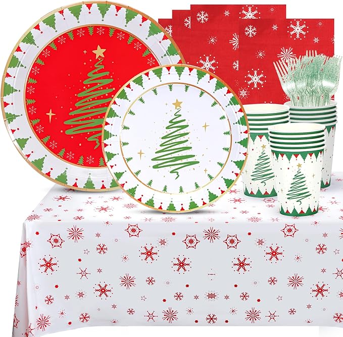 Atonofun Christmas Party Supplies, Merry Christmas Paper Plates and Napkins, Disposable Party Plates, 12oz Cups, Napkins and Forks for Xmas, Holiday Party Decorations Serves 24