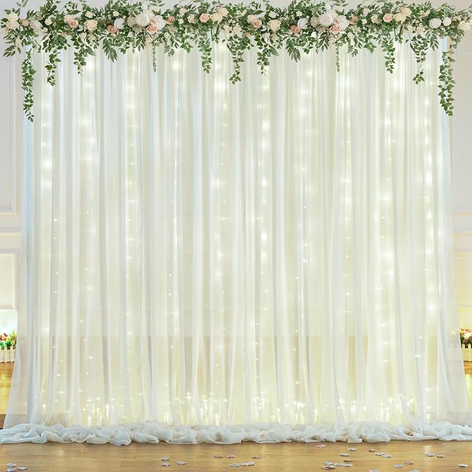 10x10ft Ivory White Chiffon Backdrop Curtain with Lights String for Wedding Sheer Tulle Curtain Photo Backdrops Drapes for Baby Shower Birthday Party Home Ceremony Decorations