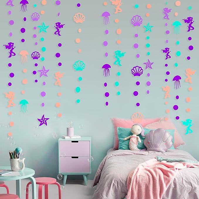 52 Ft Mermaid Party Decorations Purple Teal Coral Garland with Jellyfish Seashell Starfish Pearl Lavender Aqua Paper Streamer for Under The Sea Little Mermaid Theme Birthday Bachelorette Baby Shower