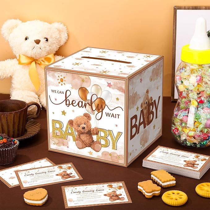 Glenmal 52 Pcs Baby Shower Games Gift Sets Large Baby Bottle for Shower Game Guess How Many Candies Decorations for Gender Reveal(Brown Bear)