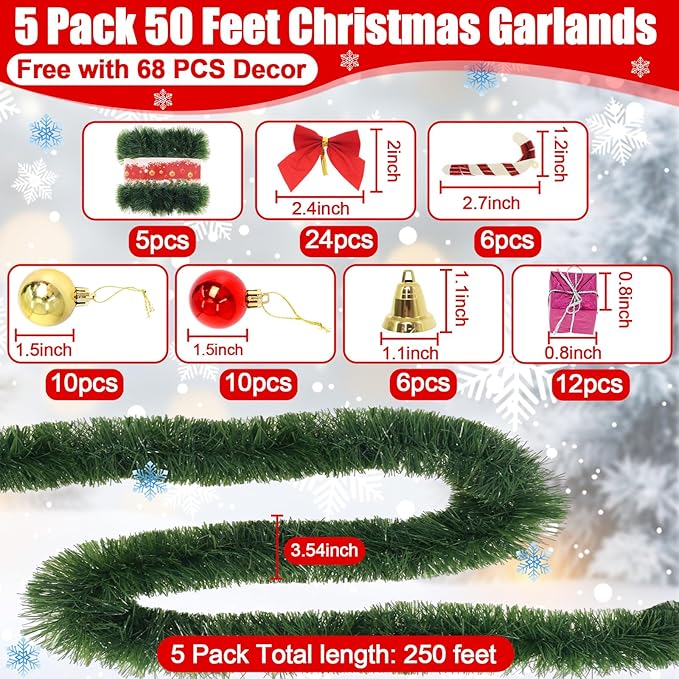 250FT Christmas Greenery Garland for Holiday Indoor Outdoor Decor, Non-Lit Soft Artificial Twist Garland with Red Bows Balls, Home Artificial Greenery for Christmas Wedding Party Decorations