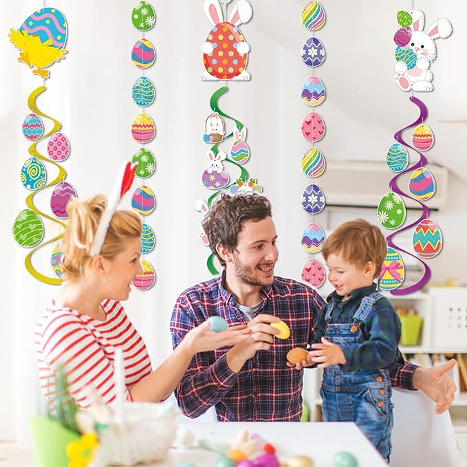 AhfuLife Easter Hanging Swirls Decorations, 3 Pcs Easter Paper Bunny Chick Eggs Decor and 2 Pcs Eggs Garland for Gifts Home Office School Party Favors Supplies