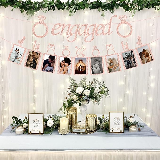 Engagement Wedding Decorations, Rose Gold Engaged Banner and Photo Banner for Engagement/Wedding Party decor(Rose Gold)