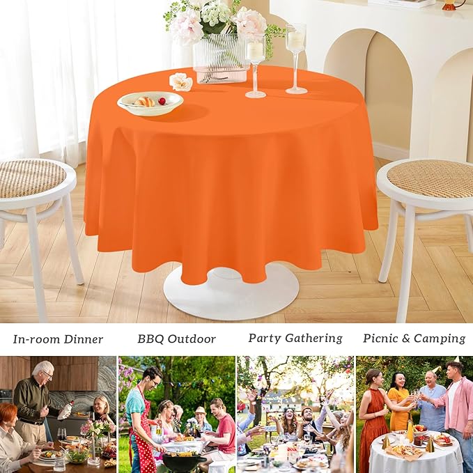 Mulbozy 2 Pcs Orange Round Tablecloth, 84 inches Disposable Plastic Orange Circle Table Covers for Baby Shower Wedding Bridal Shower Fall Birthday Party Decorations
