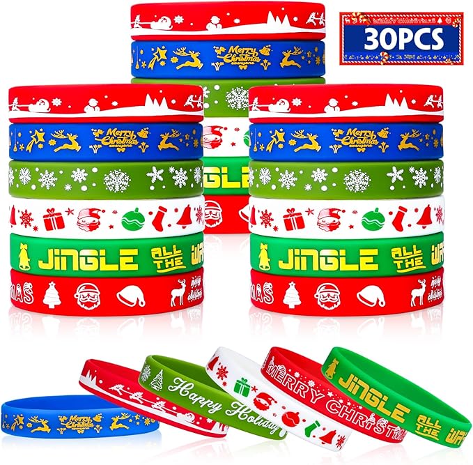 Christmas Rubber Bracelets 30 PCS Bulk Christmas Party Favors Stocking Stuffers for Kids Silicone Wristbands Goodie Bags Stuffers Xmas Toys Student Gifts Party Supplies Decorations Classroom Prizes