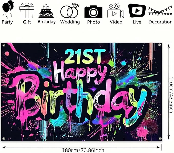 Neon 21st Happy Birthday Banner 71x43 Inch Paint Splatter Glow in The Dark Party Backdrop Colorful Wall Decor for Adults Boys Girls Twenty First Birthday Celebrations Props Event Supplies