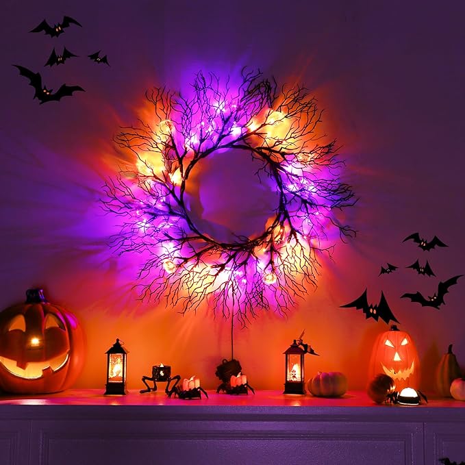 Joyhalo Halloween Garland with Lights Decorations with Pumpkin & Bat Lights,Battery Operated 6FT 46 LED Halloween Willow Vine Twig Garland for Mantle,Wall,Fireplace and Halloween Decorations