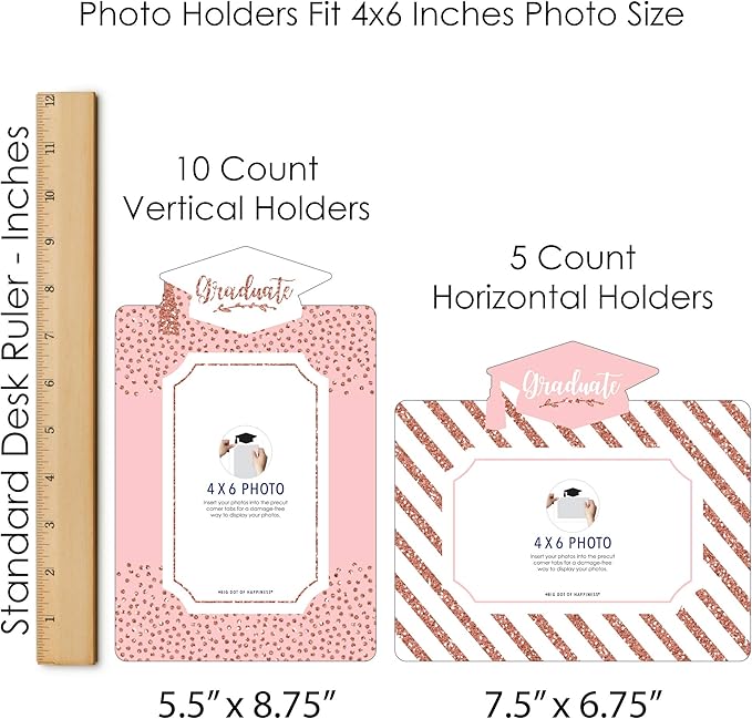 Rose Gold Grad Graduation Photo Display Centerpiece Kit - 15 Double-Sided Photo Table Topper Sticks, Vertical and Horizontal 4x6 Picture Holders, DIY Party Decoration Set