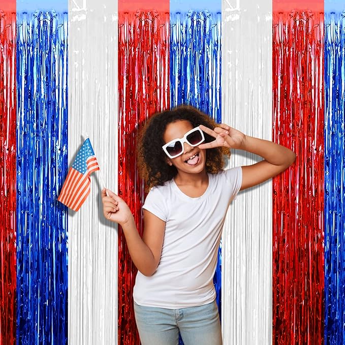 4 Pack 3.2Ft x 9.8Ft Foil Fringe Curtain Backdrop, Red Blue White Metallic Tinsel Foil Fringe Streamers Curtains Background for Photo Booth, Birthday, Wedding, Independence Day Party Decoration