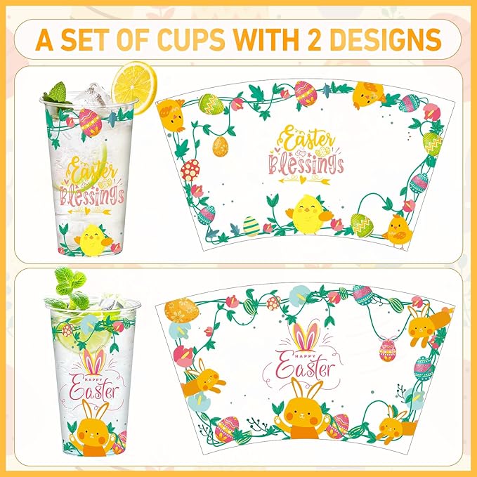 50Pcs Easter Disposable Plastic Cups 16 oz Happy Easter Clear Cups with Cute Bunny Colorful Eggs and Chick Spring Drinking Cups, Party Cups Coffee Hot and Cold Drinks Spring Party Decorations
