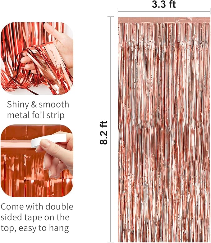 2 Pack Rose Gold Foil Fringe Curtains Streamers Party Decorations 3.3 x 8.2 ft, Tinsel Curtain Fringe Backdrop for Parties, Door Fringe Birthday Streamers, Photo Booth Backdrops, Party Decor