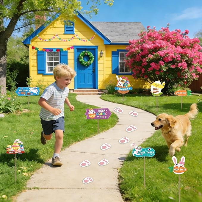 AhfuLife Easter Decorations Set, Happy Easter Bunny Paper Banner, Easter Egg Hunt Signs Clues with Sticks and Bunny Feet, Reusable Bunting for Home Garden Indoor Outdoor Party Game Decorations