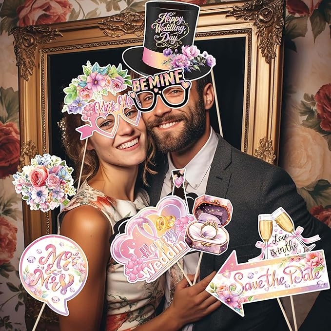 30 Pieces Wedding Photo Booth Props Wedding Bridal Shower Photo Booth Prop Bachelorette Party Decorations Photo Booth for Bridal Shower Gift Accessories Favor Supplies (Pink)