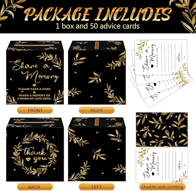 Pajean 50 Pcs Share a Memory Cards for Collections of Life, Memory Cards Box for Guest Ideas Funeral Graduation Wedding Bridal Shower Birthday Anniversary Retirement(Black, Gold)