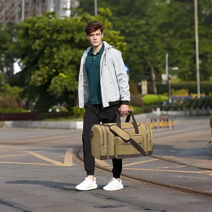 Wolhbege Duffle Bag for Travel,Mens Travel Bag & Carry On Bag for Men with Expandable Design and Luggage Sleeve –Duffel Bag for Gym, Weekender,Canvas,Overnight Trips Khaki