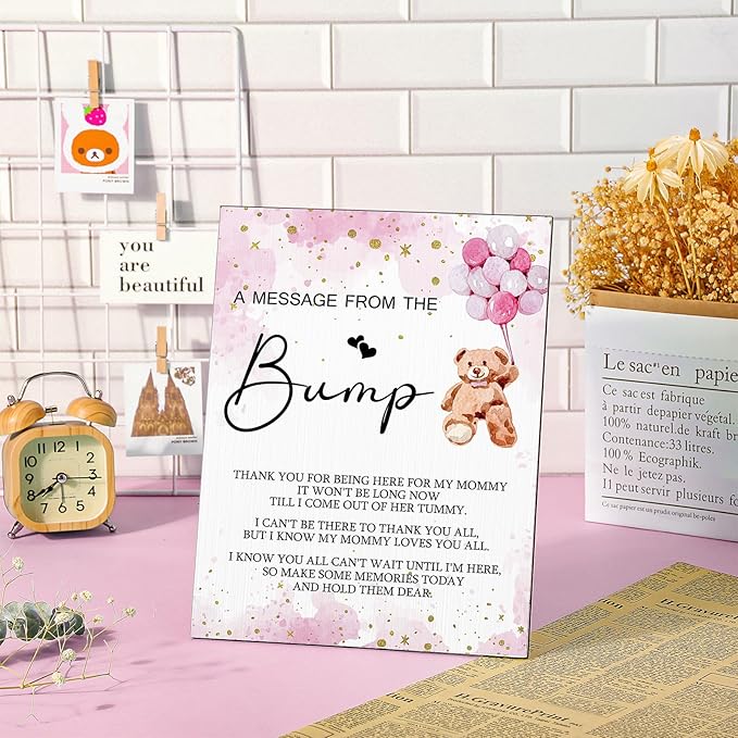 Roowest Cool Baby Shower Tabletop Decoration a Message from the Bump Wooden Baby Shower Games Sign Greenery Cute Gender Reveal Party Thank You Sign, 11.2 x 8.66 Inches(Girl Bear)