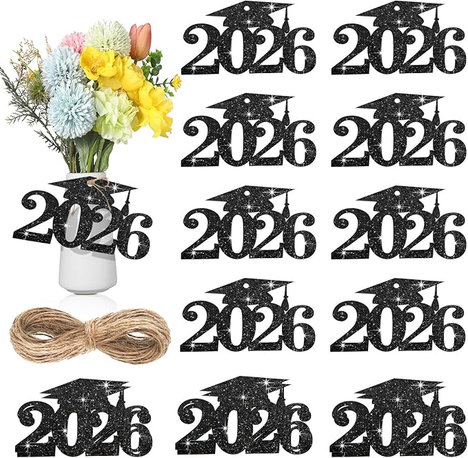 Chinco 24 Pcs 2026 Graduation Decorations Class of 2026 Graduation Centerpieces for Table Glitter Cutouts Grad Cap Tags Double Side Sparkling Glitter Confetti Party Decor for Vase Mason Jar (Black)