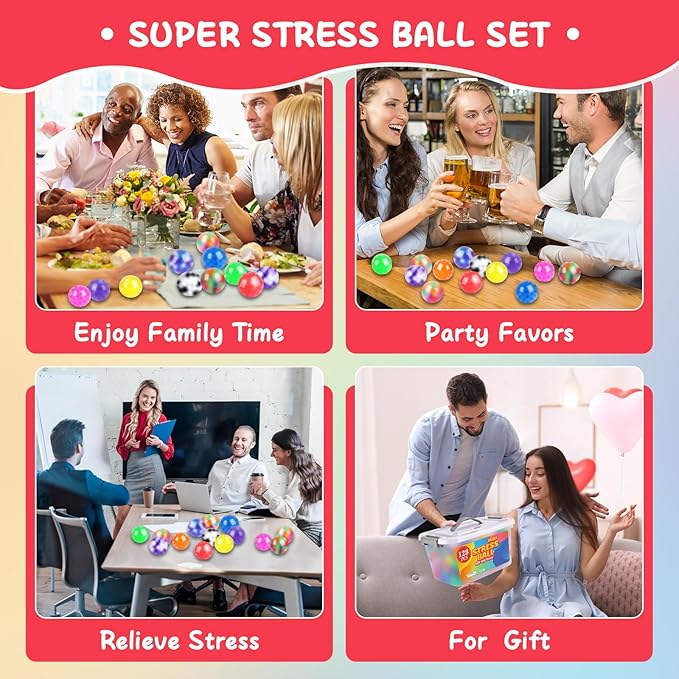 128 Pack Stress Balls for Adults, Bulk Squishy Ball, Bulk Stress Balls Set, Anti-Anxiety and Fidget Balls to Relax, Party Favors, Birthday Gifts, Goodie Bag Stuffers
