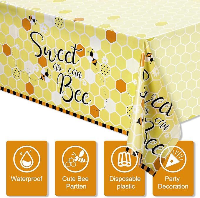Tatuo 6 Packs Bee Plastic Tablecloths - 54 x 108 Inches Sweet as Can Bee Decorative Table Cover Honey Party Tablecloth Set for Birthday Baby Shower Gender Reveal Party Decorations