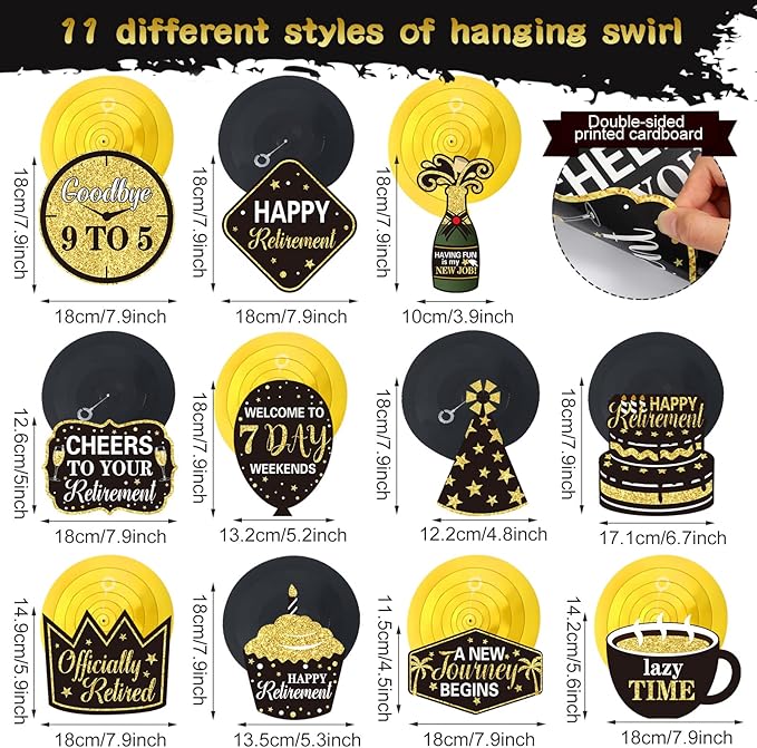 Tenare 44 Pcs Retirement Party Decor Kit: Banner, Swirls, Balloons & Ribbons (Black and Gold)