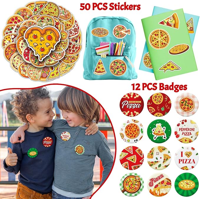 110Pcs Pizza Party Favors for Kids - Pizza Birthday Party Decorations and Supplies with Pizza DIY Stickers, Slap Bracelets, Keychains, Buttons & Tattoos, Goodie Bag Fillers for Boys & Girls