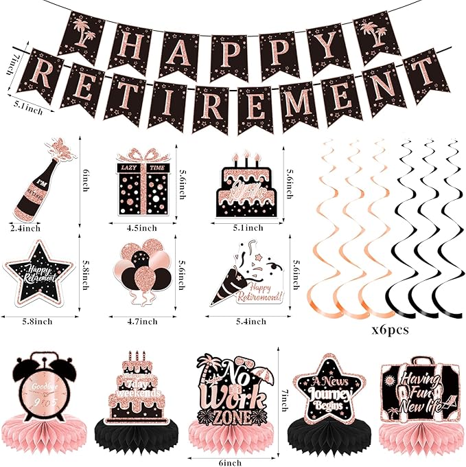 22Pcs Rose Gold Retirement Party Decorations for Women, Happy Retirement Banner, Poster, Sash, Balloons, Honeycomb Centerpieces - Retirement Party Supplies for Farewell Goodbye Party