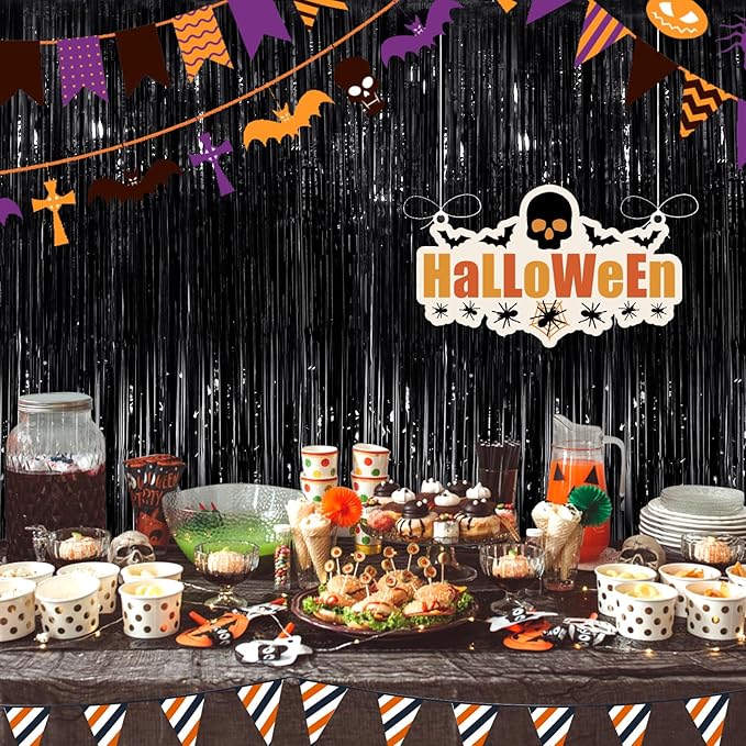 Black Fringe Curtain Party Streamers 2Pack 3.3x8.3 Ft Foil Fringe Backdrop Curtains for Birthday Wedding Bridal Baby Shower Halloween Decor Tinsel Streamers Black Party Decorations Door Streamers