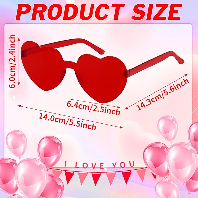 2/4/8/12/20 Pairs Heart Shaped Sunglasses Transparent Heart Glasses Rimless Trendy Eyewear for Valentines Party Favor