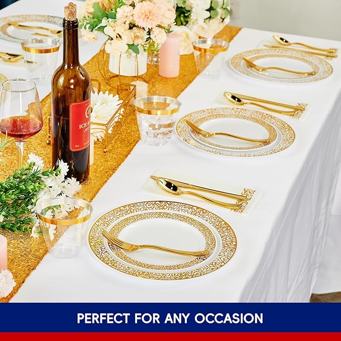 210 Count Gold Plastic Dinnerware, Gold Disposable Plates, Includes: 30 Dinner & 30 Dessert Plates & 30 Cups & 30 Paper Napkins & 30 Plastic Silverware Set -for Thanksgiving, Christmas, Parties