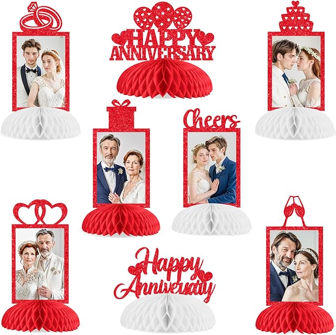 Cheereveal 8 Pieces Happy Wedding Anniversary Honeycomb Centerpiece, Red Glitter Photo Table Topper, Anniversary Theme Party Supplies for Adult 10th 20th 25th 30th 40th 50th 60th Decorations