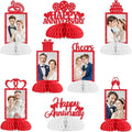 Cheereveal 8 Pieces Happy Wedding Anniversary Honeycomb Centerpiece, Red Glitter Photo Table Topper, Anniversary Theme Party Supplies for Adult 10th 20th 25th 30th 40th 50th 60th Decorations
