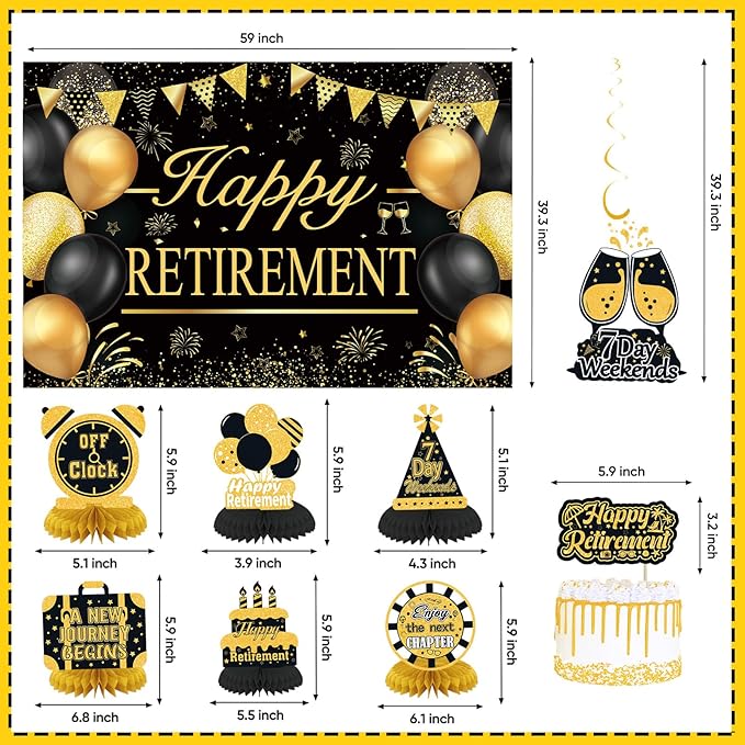 Retirement Party Decorations for Men Women Black Gold Happy Retirement Banner Backdrop Honeycomb Centerpiece Cake Topper Hanging Swirl Set