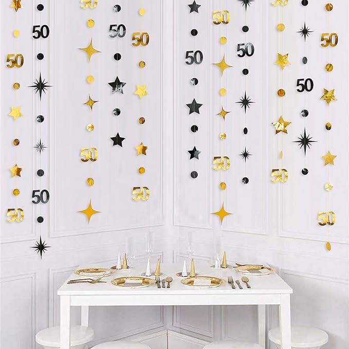 Black Gold 50th Birthday Decorations Number 50 Circle Dot Twinkle Star Garland Metallic Hanging Streamer Banner Backdrop for Women Mens 50 Years Old Birthday Happy 50th Anniversary Party Supplies