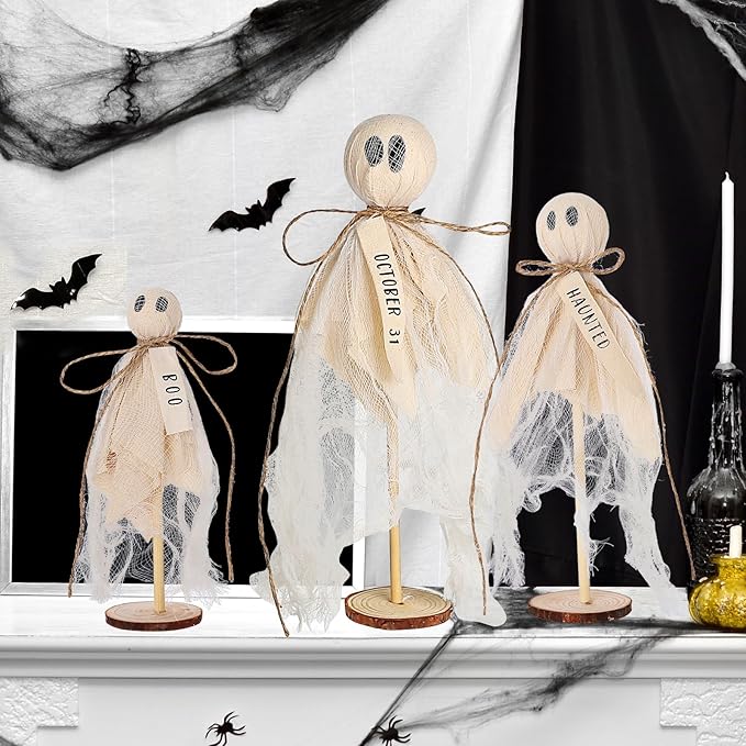 Summerween Decoration Halloween Decorations Indoor - 3 Set of Primitive Ghosts on Wooden Stand for Table Centerpieces Tiered Trays Shelves Mantels Home Halloween Décor