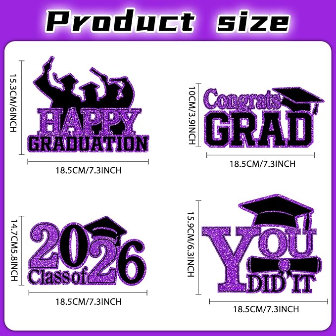 4Pcs Graduation Decorations Class of 2026 Wood Table Centerpieces Congrats Grad Wooden Sign Graduation Table Toppers Congratulate Tiered Tray Decor for 2026 Graduation Party (Purple-Black)