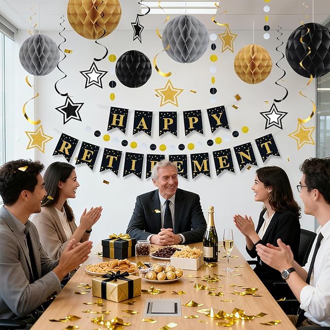 Happy Retirement Party Decorations for Men Women Black Gold Happy Retirement Banner Honeycomb Balls Pentagram Hanging Swirl Streamers Circle Dots Garland