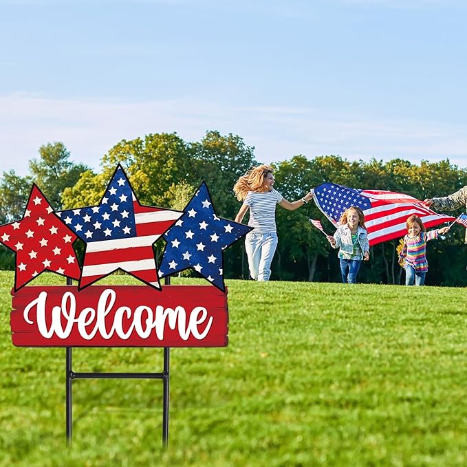 JarThenaAMCS Patriotic Metal Garden Stakes Vintage 4th of July Star Decorative Lawn Sign Welcome Yard Sign for Independence Day Home Outside Lawn Porch Decor