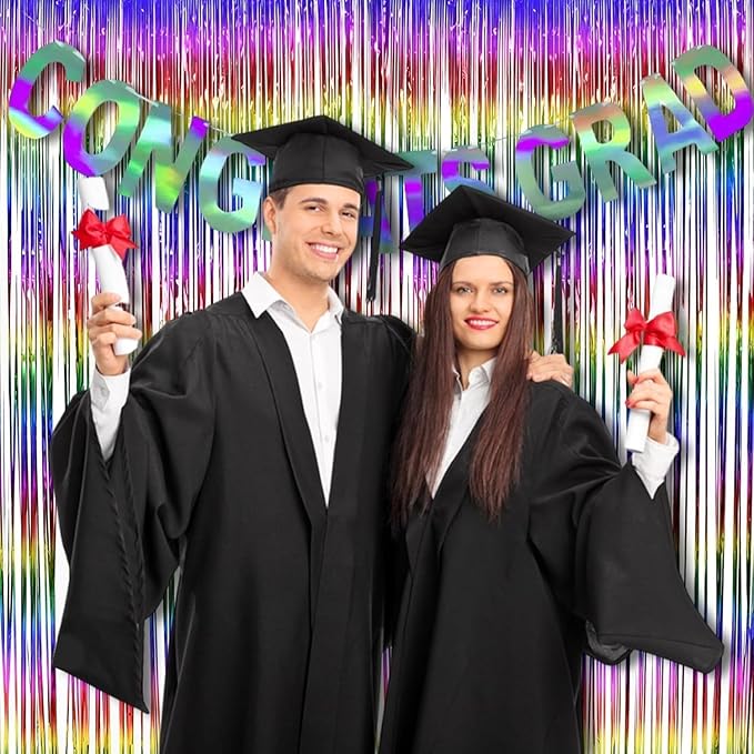 BRAVESHINE Tinsel Fringe Backdrop - 2 Pack Colorful Metallic Foil Curtain Streamers for Easter/80s/90s/Disco/Dance/Rainbow/Unicorn/Anniversary/Bridal/Engagement/Bachelorette/Birthday Party Decorations