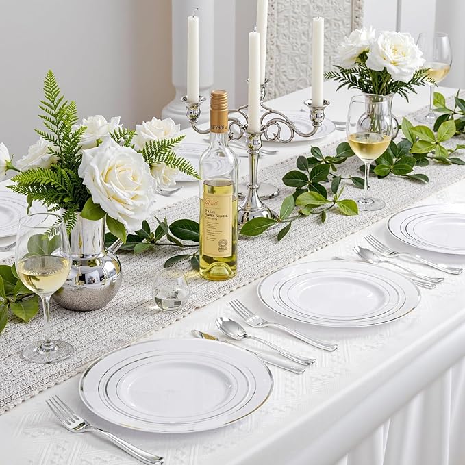 350Piece Silver Plastic Dinnerware Set for 50 Guests - Silver Plastic Plates with Cutlery Include:50Dinner Plates-50Dessert Plates-50Pre Rolled Napkins with Silverware Party Wedding