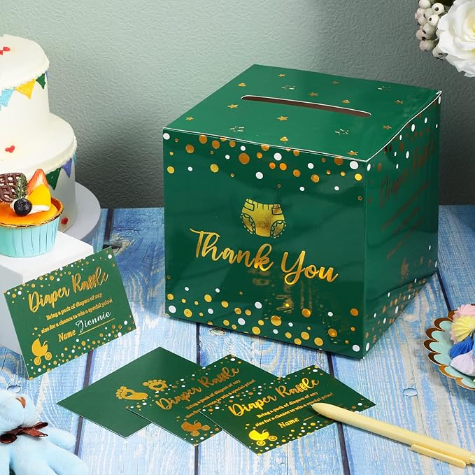 Funrous 51 Diaper Raffle Tickets with Box for Baby Shower Game Invitations Diaper Raffle Card for Gender Reveal Baby Shower Party Decoration Table Centerpiece(Green, Gold)