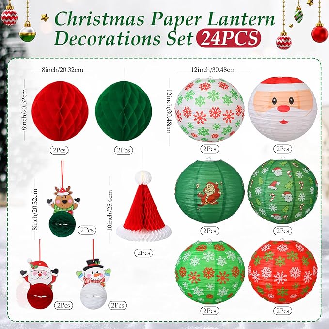 24 Pcs Christmas Hanging Paper Lanterns Party Decorations Red and Green Christmas Lanterns Garland Set Honeycomb Santa Hat 3D Snowman Reindeer Holiday Xmas Ornaments Home Winter Party Decor