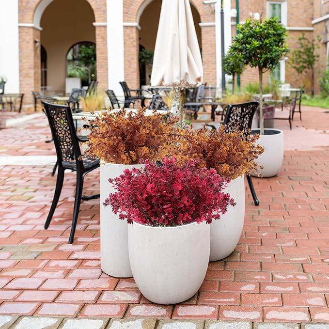 RECUTMS 12Pcs Artificial Fall Mums Flowers Plants Outdoors, Faux Plastic Shrubs Fake Greenery UV Resistant for Garden Patio Decor Window Box Office Hanging Planter Pathway Front Porch(Wine Red)