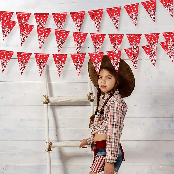 Boao 5 Pack Western Cowboy Party Decorations Bandana Pennant Banner Wild West Decor Western Cowboy Themed Yee Haw Country Party Decoration Supplies 9.8 x 5 ft(Red Paisley)