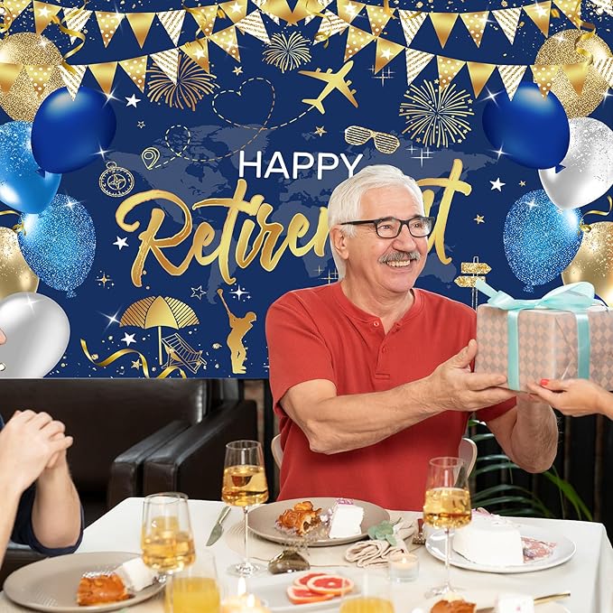 Mocsicka Retirement Party Decorations Blue and Gold Happy Retirement Backdrop Banner Retired Party Decorations Photo Booth Props (Blue Gold, 180x110cm)