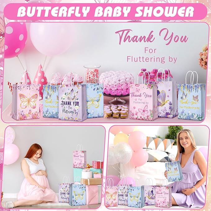 Outus 24 Pcs Spring Butterfly Party Favors Bags Butterfly Goodie Gift Paper Bags with Handles Purple Blue Pink Thank You Candy Treat Pouch for Wedding Baby Shower Birthday Party Decoration Supplies