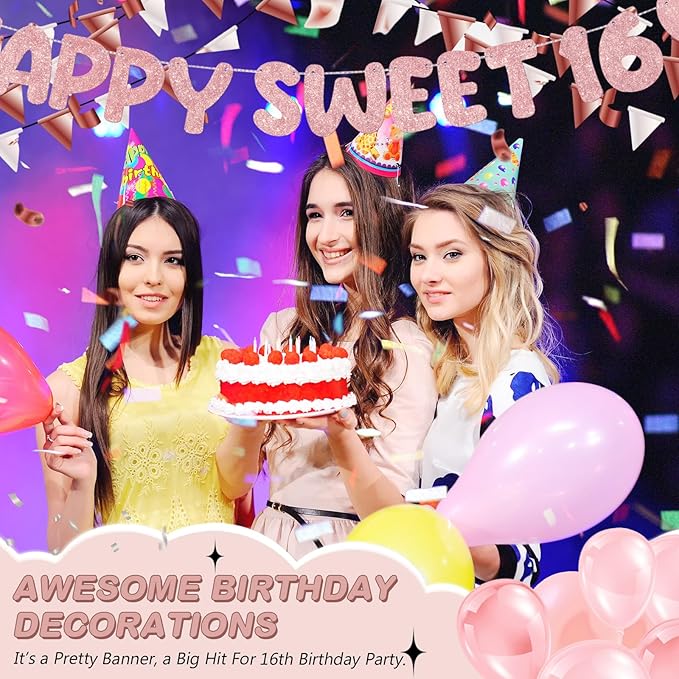 Fulmoon Pre Strung Happy Sweet 16 Banner Glitter Sixteenth Birthday Party Decorations 16th Party Sign Sweet 16 Party Decorations for Birthday Party Bachelorette Party(Rose Gold)